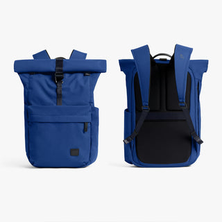 Indigo rolltop backpack shown from front and back, open top and adjustable straps