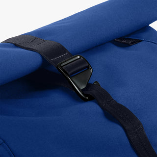 Bellroy indigo rolltop backpack close-up of black strap buckle and webbing