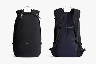 Black daypack front and back view with breathable mesh back panel