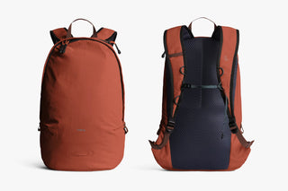 Clay-brown daypack front and back views with top handle and adjustable shoulder straps