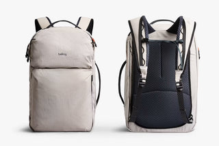 Bellroy Lite Travel Pack 30L Ash backpack, ash front panel with zippers and slim straps