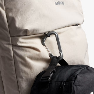 Bellroy Lite Travel Pack 30L Ash backpack, ash front with carabiner D-ring and strap