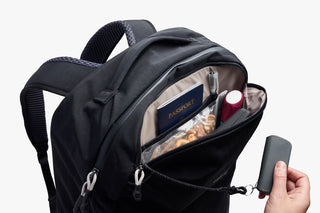 Black bellroy backpack with passport-sized pouch in front zip pocket