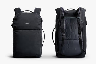 Black bellroy backpack front and back views with padded mesh back panel