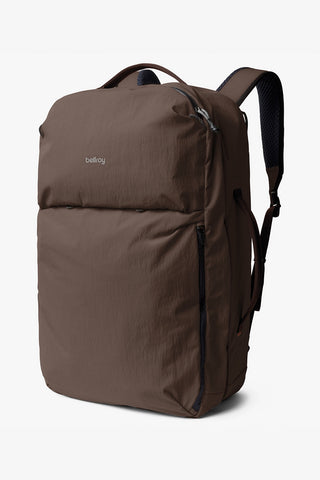 Bellroy travel backpack 30L in brown with zip front and side handle