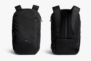 Black backpack front and back views with adjustable shoulder straps