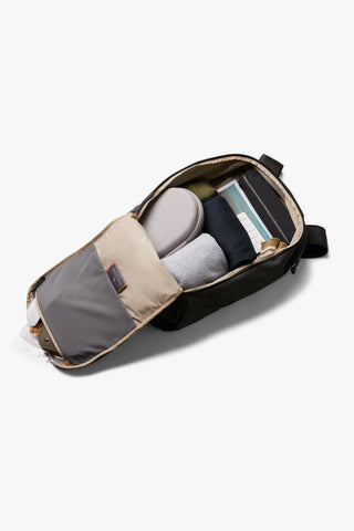Bellroy Transit work backpack open view with padded compartments and elastic pouches