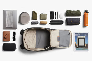 Bellroy Transit work backpack flat lay with open bag and organizer compartments