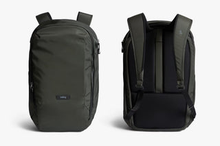 Bellroy Transit work backpack front and back views with zip pockets and padded straps