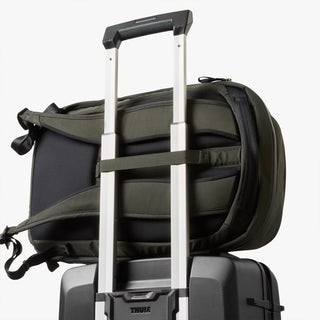 Bellroy Transit work backpack back view with luggage handle strap and padded back panel
