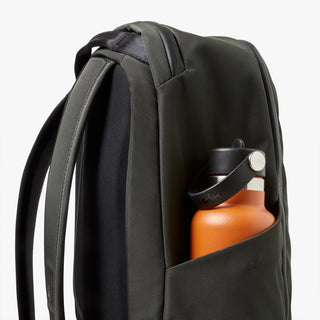Bellroy Transit work backpack side pocket with bottle sleeve and webbing loops
