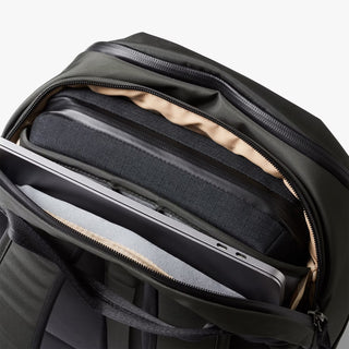 Bellroy Transit Workpack 20L backpack interior, zipped laptop sleeve with gray lining