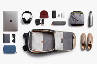 Bellroy work backpack open with interior organizer panels and zipper compartments