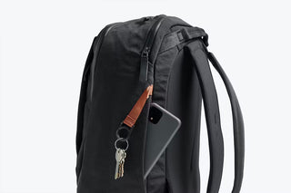 Bellroy work backpack back view with adjustable shoulder strap and key clip