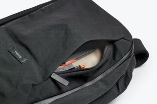 Bellroy work backpack side pocket with zip opening and visible internal divider
