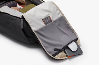 Bellroy work backpack with light interior panel and side handle storage compartment