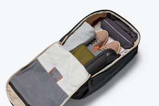 Bellroy work backpack interior layout with cushioned pockets and elastic straps