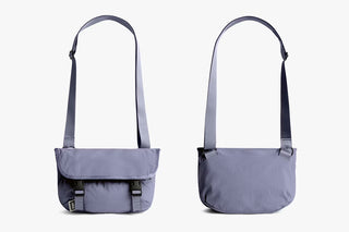 Lilac mini messenger bag front and back view with top flap and adjustable strap