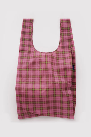 Big BAGGU tote bag in pink tartan plaid, wide U-shaped opening