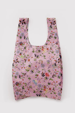 Large BAGGU tote bag with pink floral pattern and U-shaped open top