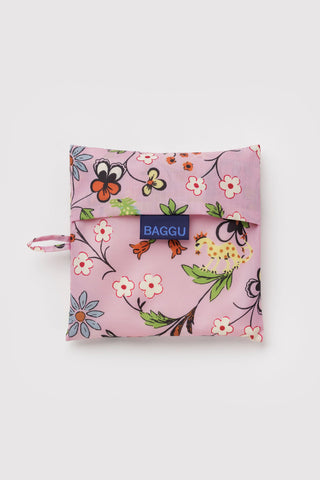 Folded Large BAGGU tote in pink floral print pouch with BAGGU logo