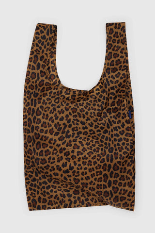Leopard print open-top tote bag with short handles, brown and dark spots
