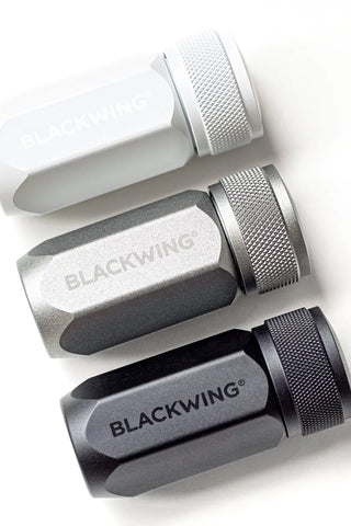 Blackwing one-step long point sharpeners set: white, gray, and black bodies