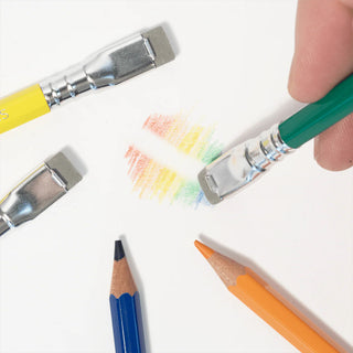 Blackwing sand replacement eraser blocks in metal holders, used to erase colored pencil marks