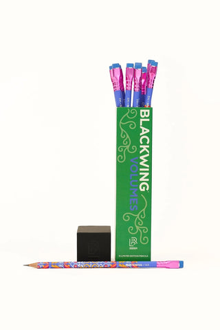 Pencil set with patterned blue barrels, pink metal ferrules, and graphite tips
