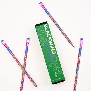 Blackwing pencils and green display box with colorful patterned design