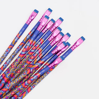 Bundle of decorative pencils with patterned blue barrels and pink metal ferrules