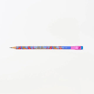 Single decorative pencil with patterned blue barrel and pink metal end, sharpened tip