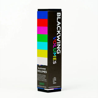Blackwing Volume 343 pencil box with colored stripe graphics and multicolor title text