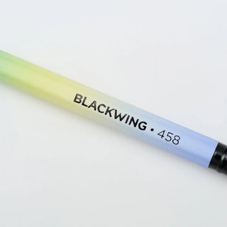 Blackwing 458 pencil with pale blue barrel and black tip, printed BLACKWING 458