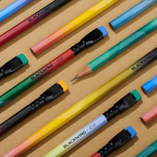 Blackwing 458 pencil assortment in multiple colors, each with black tip and eraser