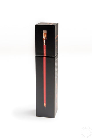 Pencil in black rectangular box, matte red barrel with gold ferrule and point