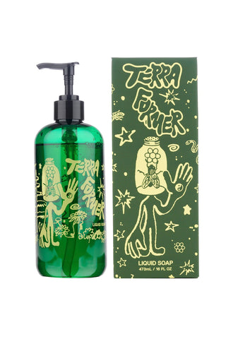 Green liquid castile soap bottle with pump and Terra Former label