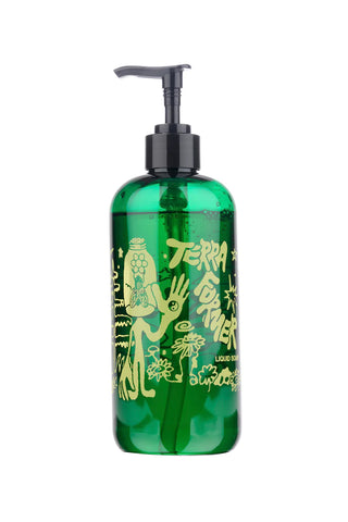 Green liquid castile soap bottle with black pump and Terra design
