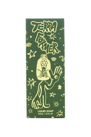 Green liquid soap carton with Terra Former artwork and 47 mL/1.6 fl oz text