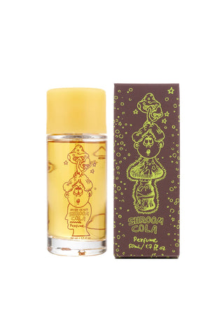 Perfume bottle with yellow liquid and matching box, Shroom Cola, 50 ml