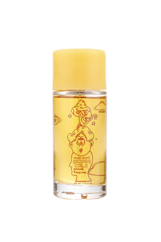 Yellow liquid perfume in clear glass bottle with cartoon illustration, 50 ml