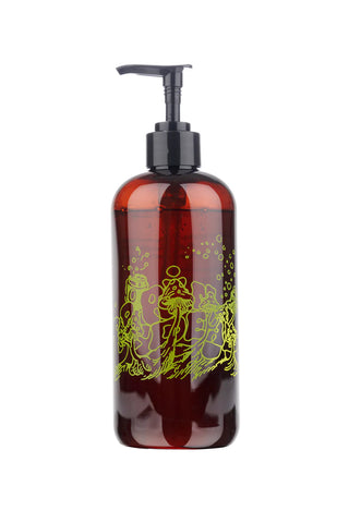Amber liquid castile soap bottle with black pump, clear window, green Shroom Cola graphic