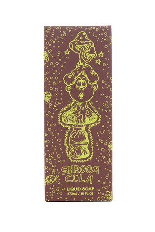 Shroom Cola liquid castile soap carton with green mushroom illustration on front