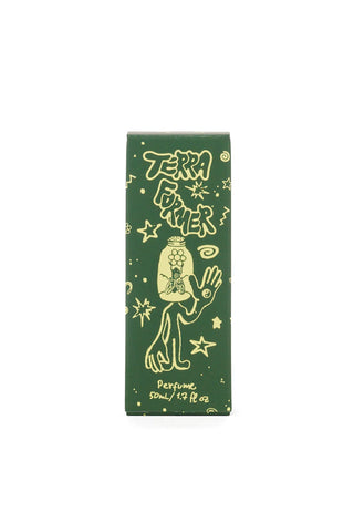Terra Former perfume box with green cover and illustrated graphic
