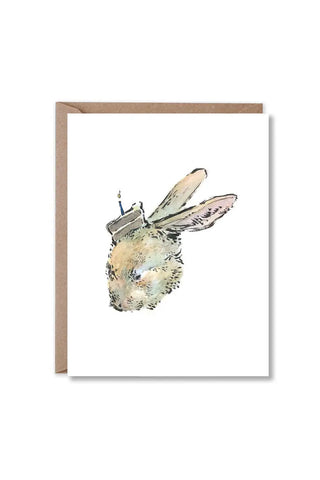 Bunny cake greeting card with watercolor bunny and cake illustration