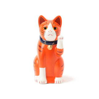 Front view large orange ceramic fortune cat with blue collar and gold bell