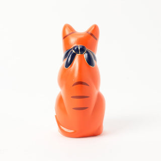 Orange ceramic fortune cat figurine shown from back/side, blue collar and dark stripes