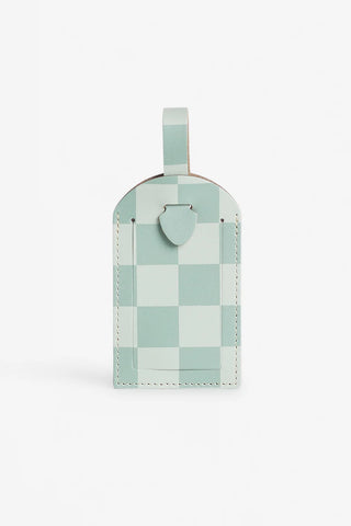 Café Kitsuné checkerboard luggage tag in mint and white with strap and snap closure