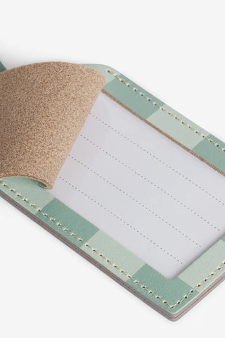 Checkerboard luggage tag with mint leather trim and blank white address panel