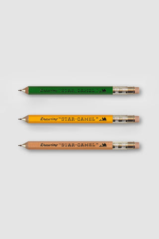 Half-size 0.5mm mechanical pencils set: green, yellow, and natural barrels